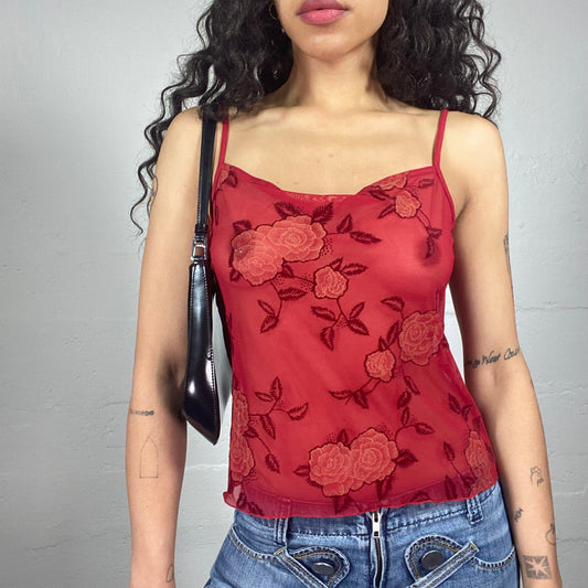 Vintage 2000's Romantic Red Mesh Cami Top with Roses Print (L)