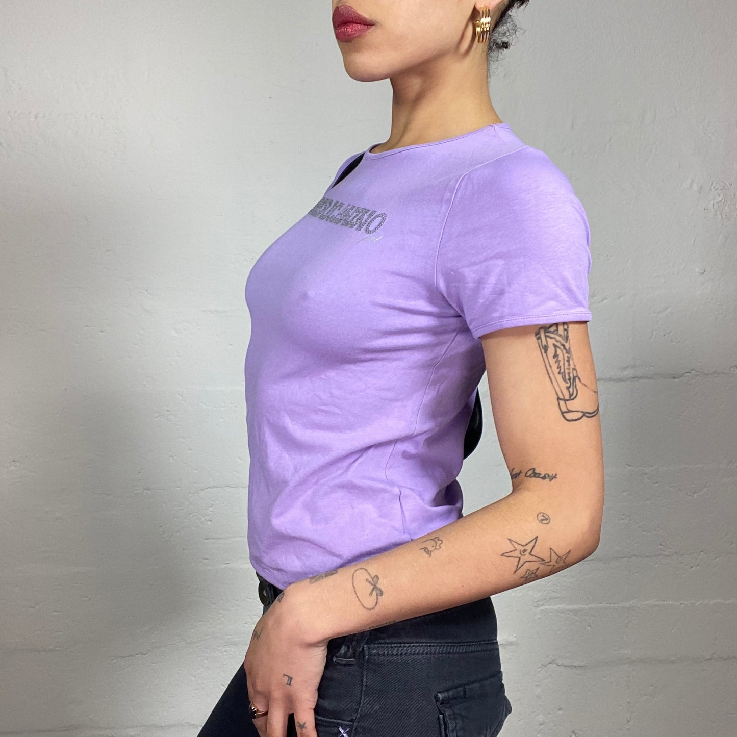 Vintage 2000's Glam Americanino Girl Rhinestone Embroidery Purple Baby Tee (M)