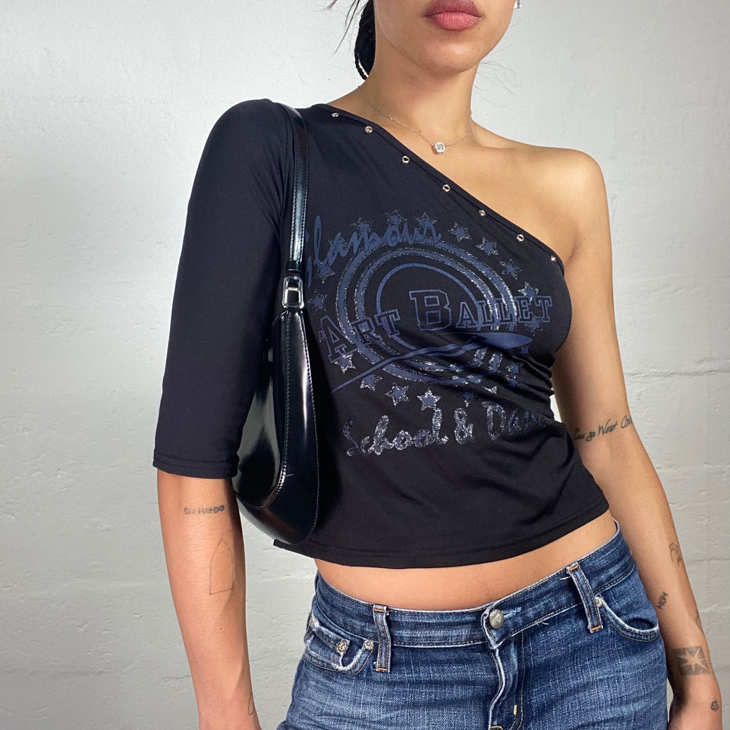 Vintage 2000's Clubwear Black Asymmetric One Shoulder Top with Shiny Blue Art Ballet Print (S)