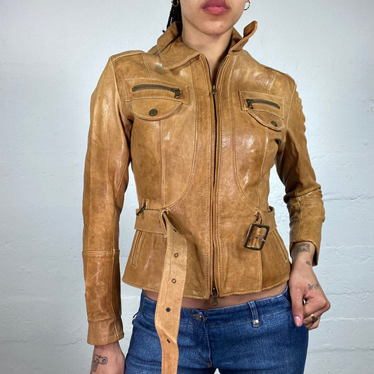 Vintage 2000's Downtown Girl Ginger Brown Leather Zip Up Jacket with Waist Belt Detail (M)