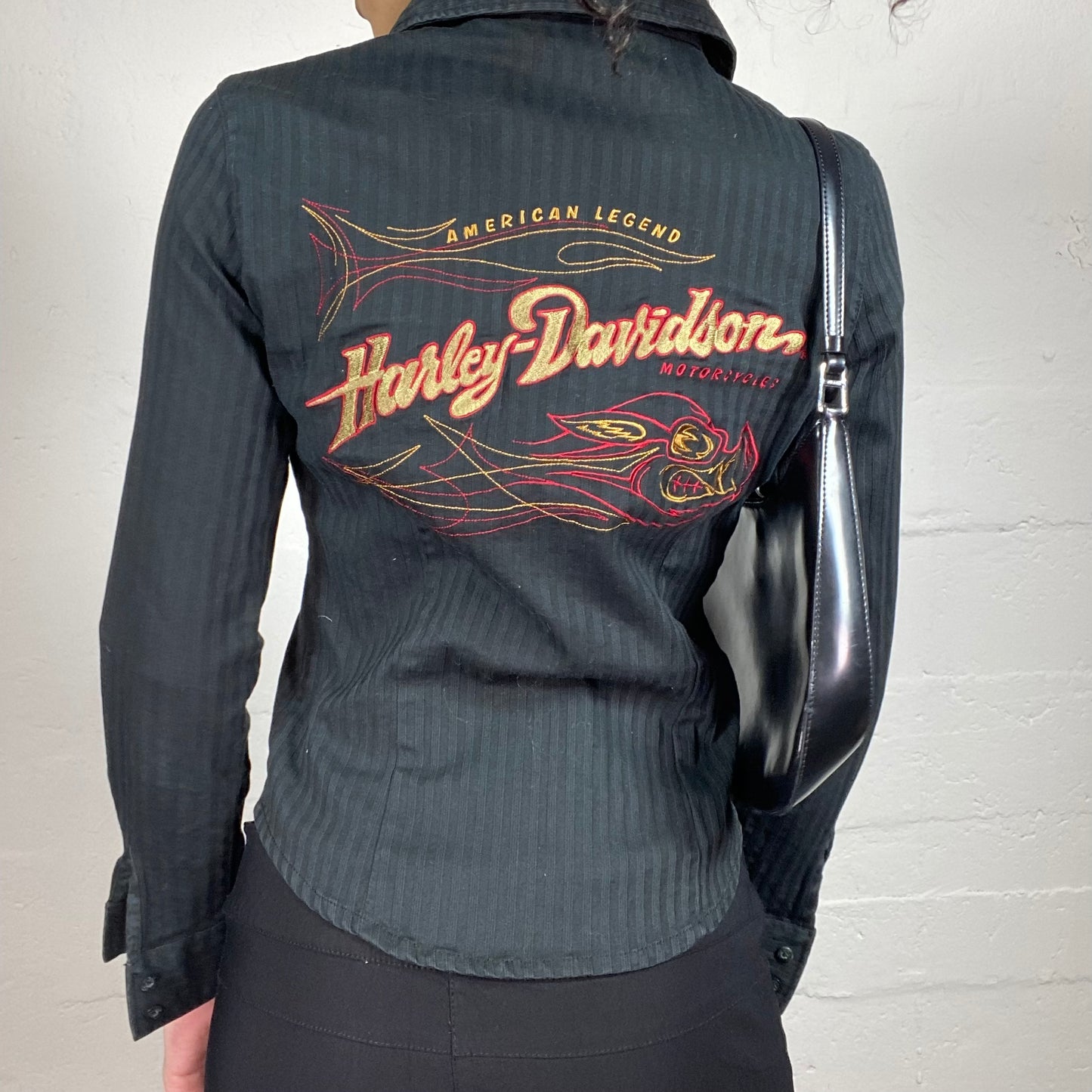 Vintage 2000's Harley Davidson Biker Girl Button Up Shirt with Back Logo Print (S)