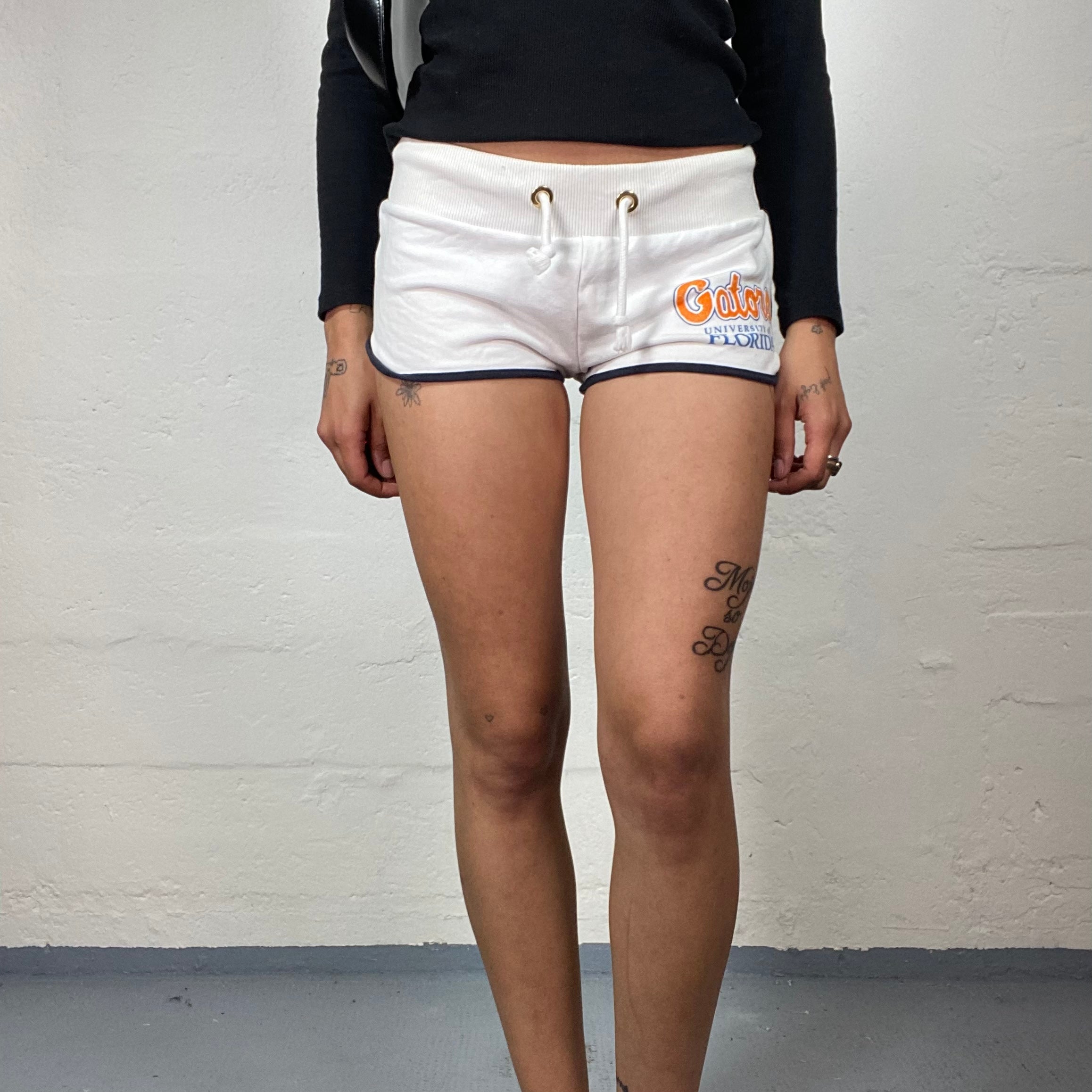Vintage 2000's Sporty White Micro Shorts with Blue Trim and Orange Typ ...