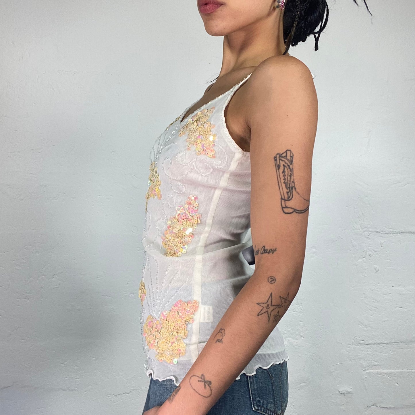 Vintage 2000's Soft Girl White Mesh Layered Cami Top with Peachy Sequin Embroidery (S)