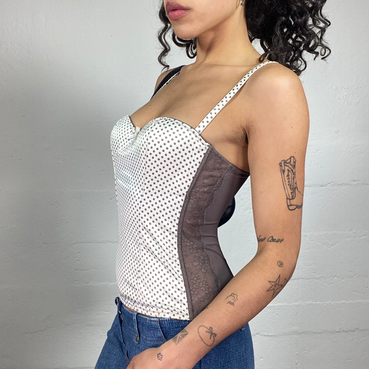 Vintage 2000's Coquette White Polka Dot Small Ribbon Detail Beige Back Corset Top (S)