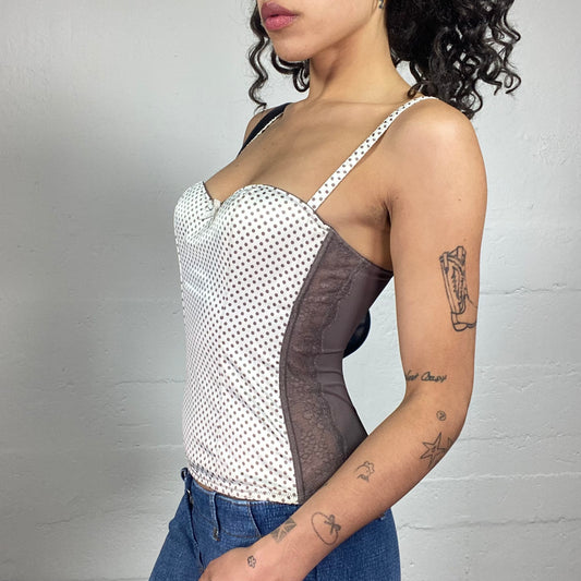 Vintage 2000's Coquette White Polka Dot Small Ribbon Detail Beige Back Corset Top (S)