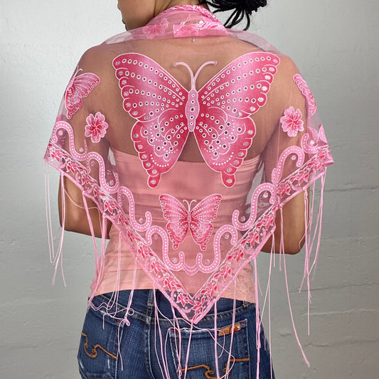 Vintage 2000's Glamorous Pink Scarf Mesh See Theough Butterfly Print Accessory