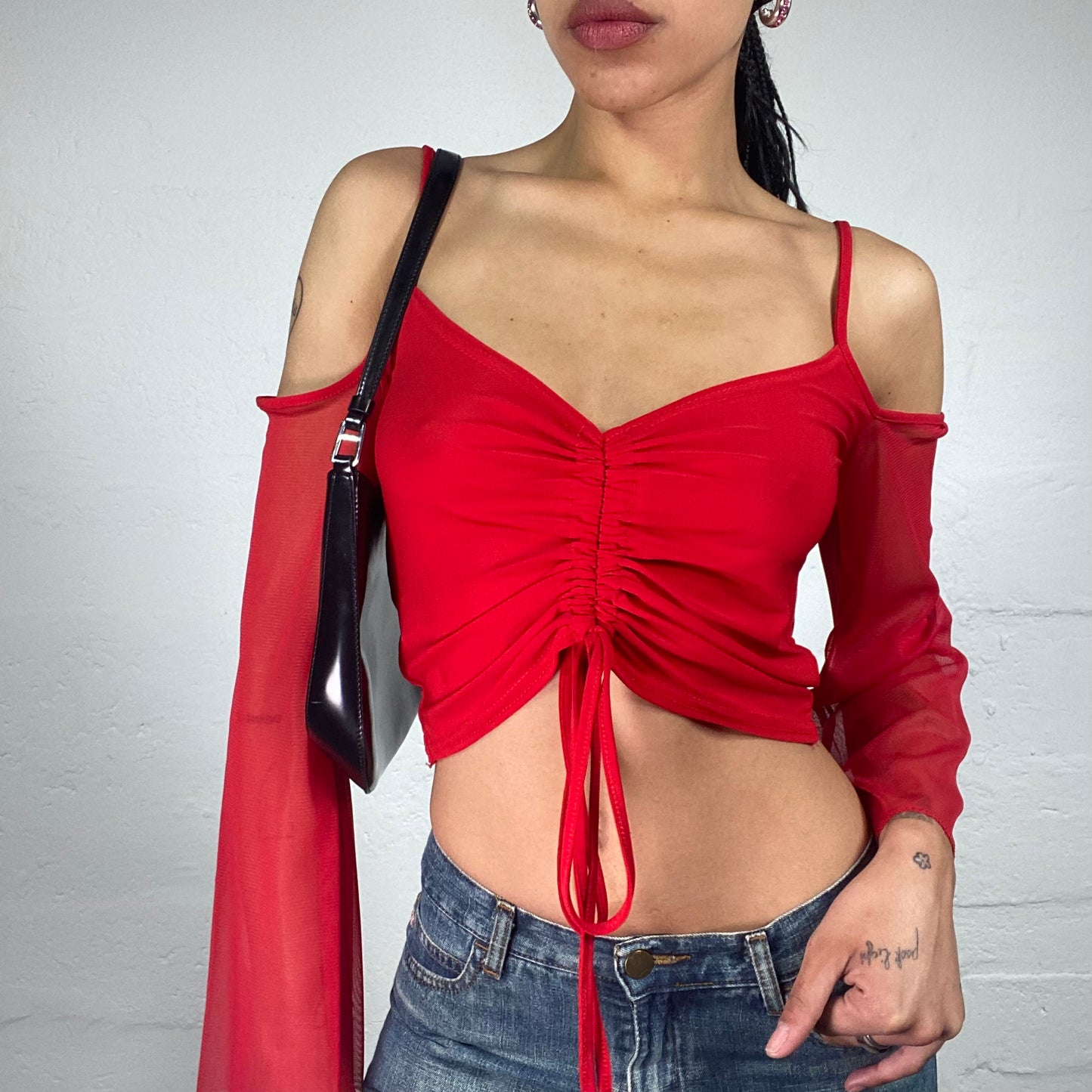 Vintage 2000's Romantic Red Rubber Draping Cami Top with Chiffon Flare Sleeves (S)