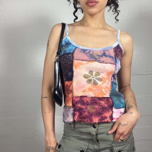 Vintage 2000's Hippie Tie Dye Multicoloured Patched Cami Top with Middle Flower Print (S)