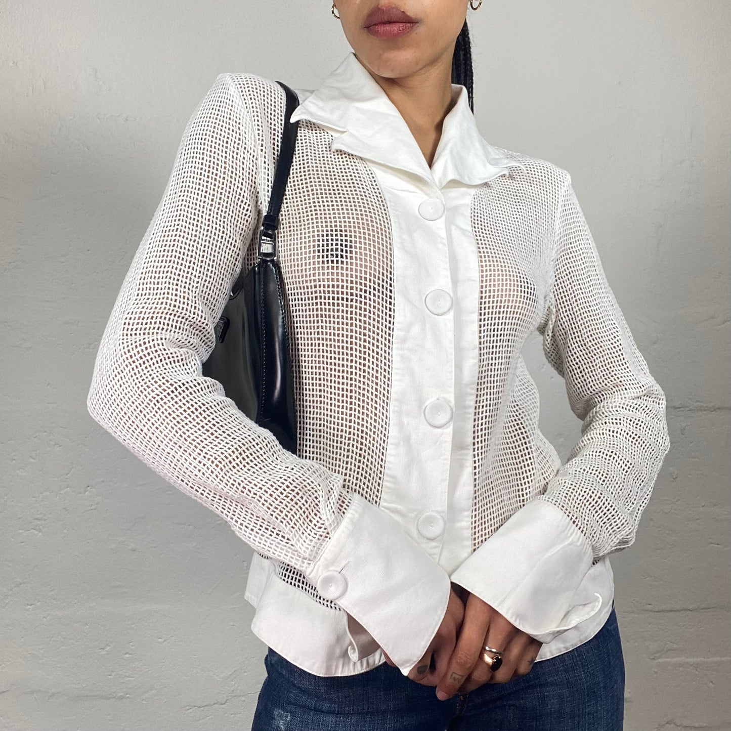 Vintage 2000's Soft Girl White Net Effect Longsleeve Button Up Blazer Style Collared Top (M)