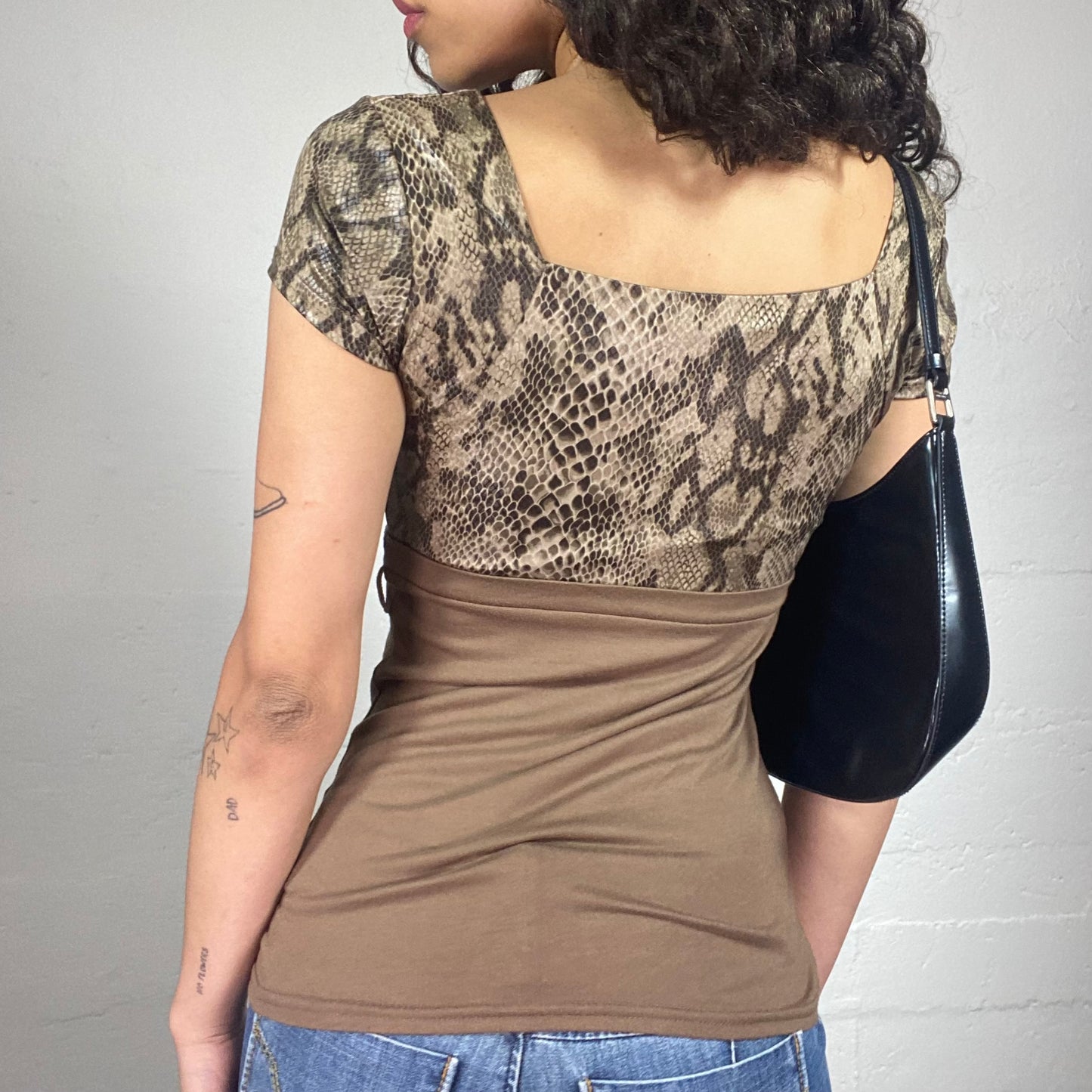 Vintage 2000's Morgan Coffee Date Brown Short Sleeved Top with Snake Skin Printed Bra (S)