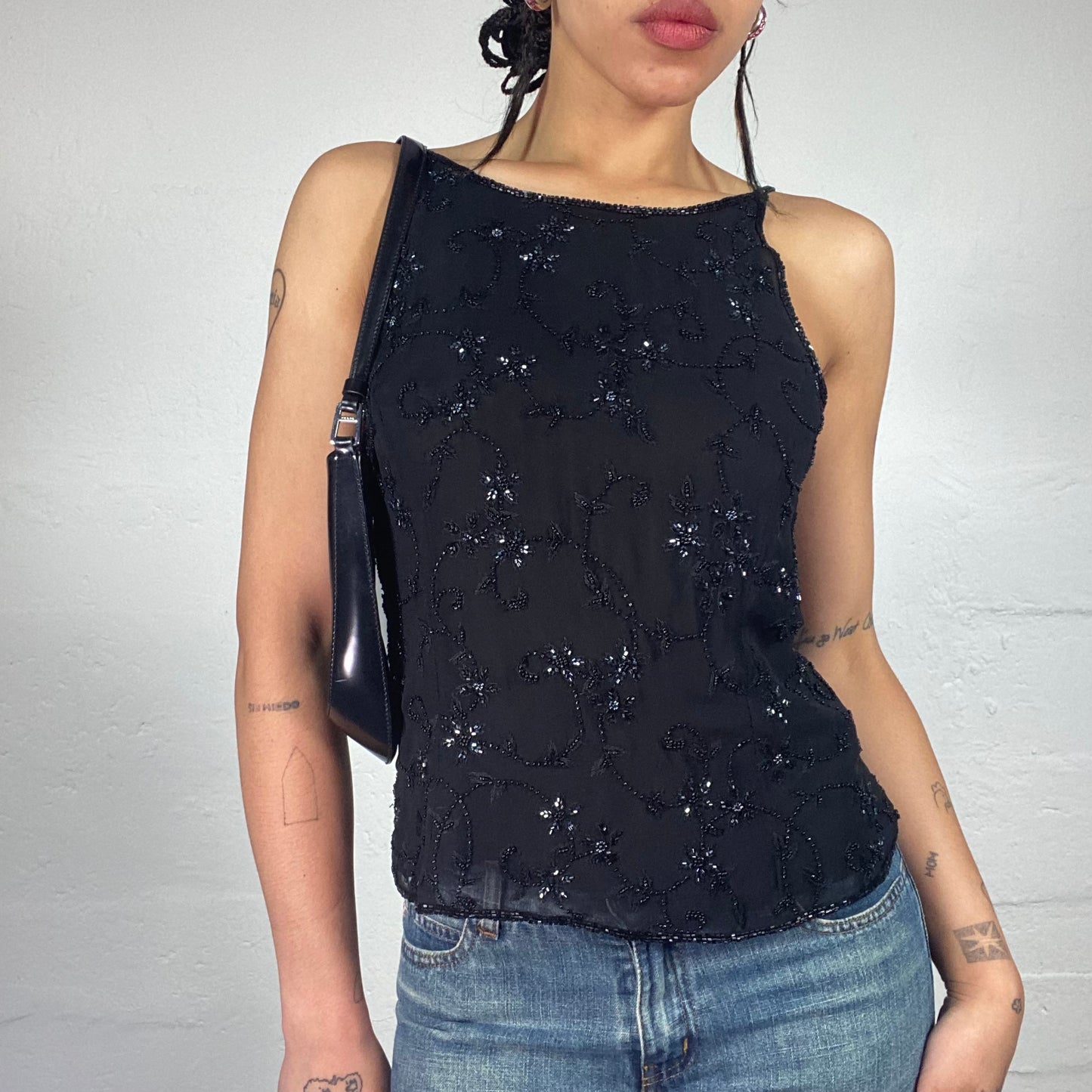 Vintage 2000's Romantic Black Chiffon Cami Top with Black and Silver Shiny Embroidery (M)