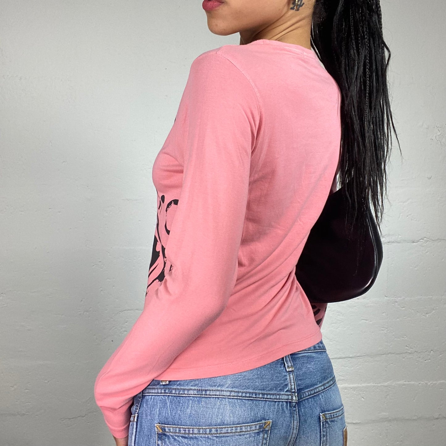 Vintage 2000's Downtown Girl Bubblegum Pink Longsleeve Top with Black and Shimmery Typography Print (L)