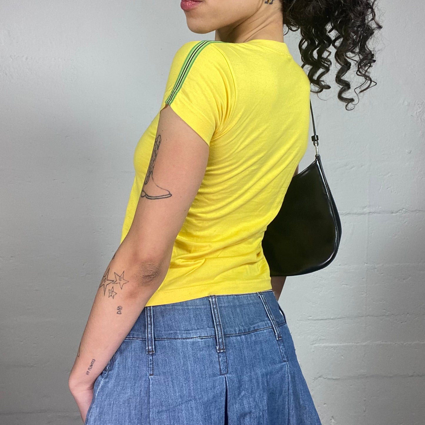 Vintage 2000's Summer Yellow Baby Tee with Green Details and Neck Cut (S)