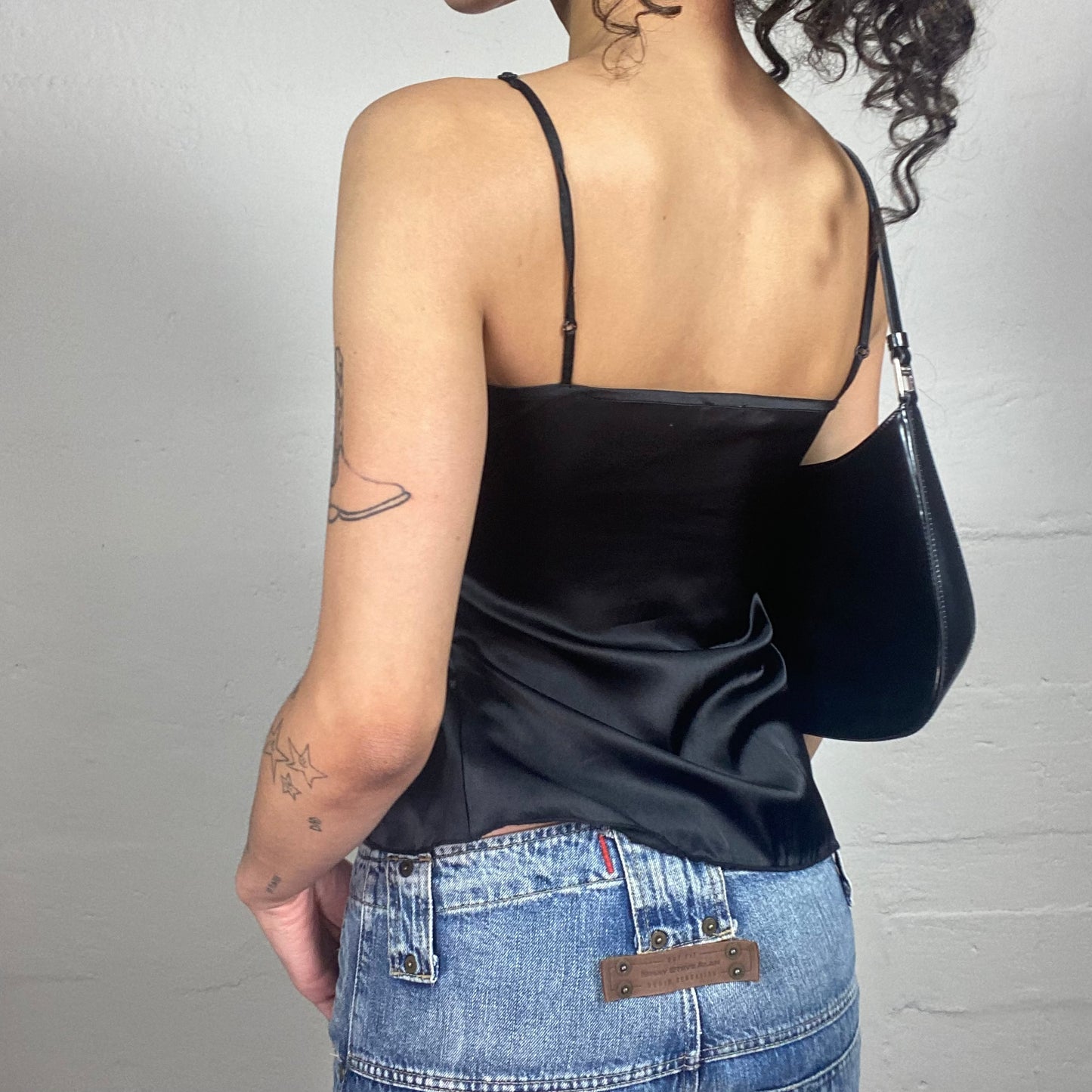 Vintage 2000's Romantic Satin Black Cami Top with Floral Embroidery Decorated Bra (S)