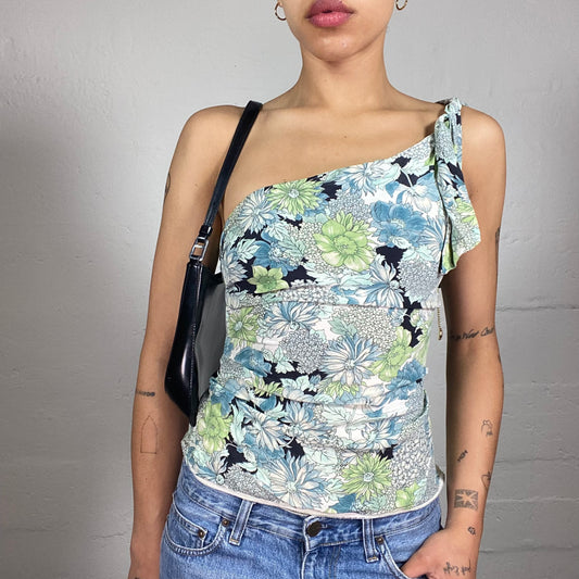 Vintage 2000's Romantic Summer Blue and Green Flower Print One Shoulder Top (M)