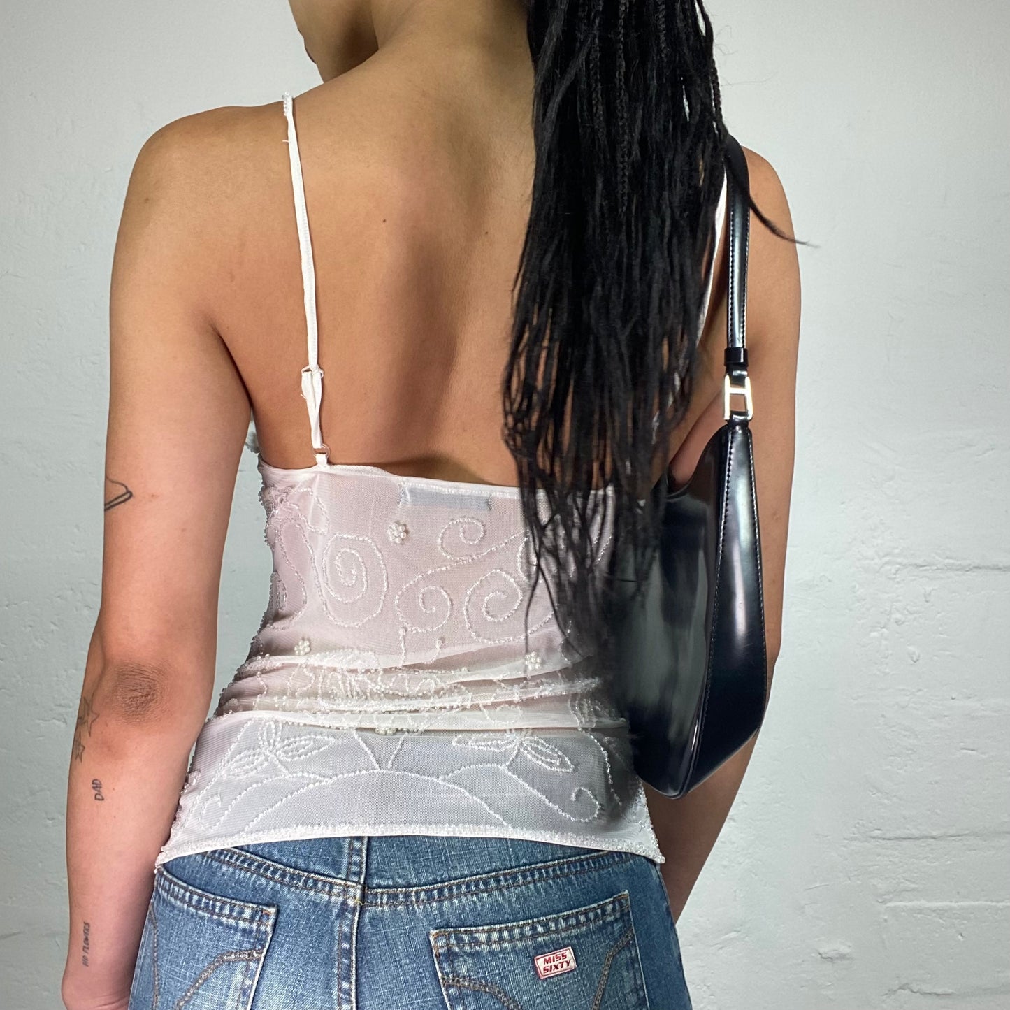Vintage 2000's Romantic White Mesh Wrapped Bra See Through Cami Top with Matching Tone Embroidery (S)