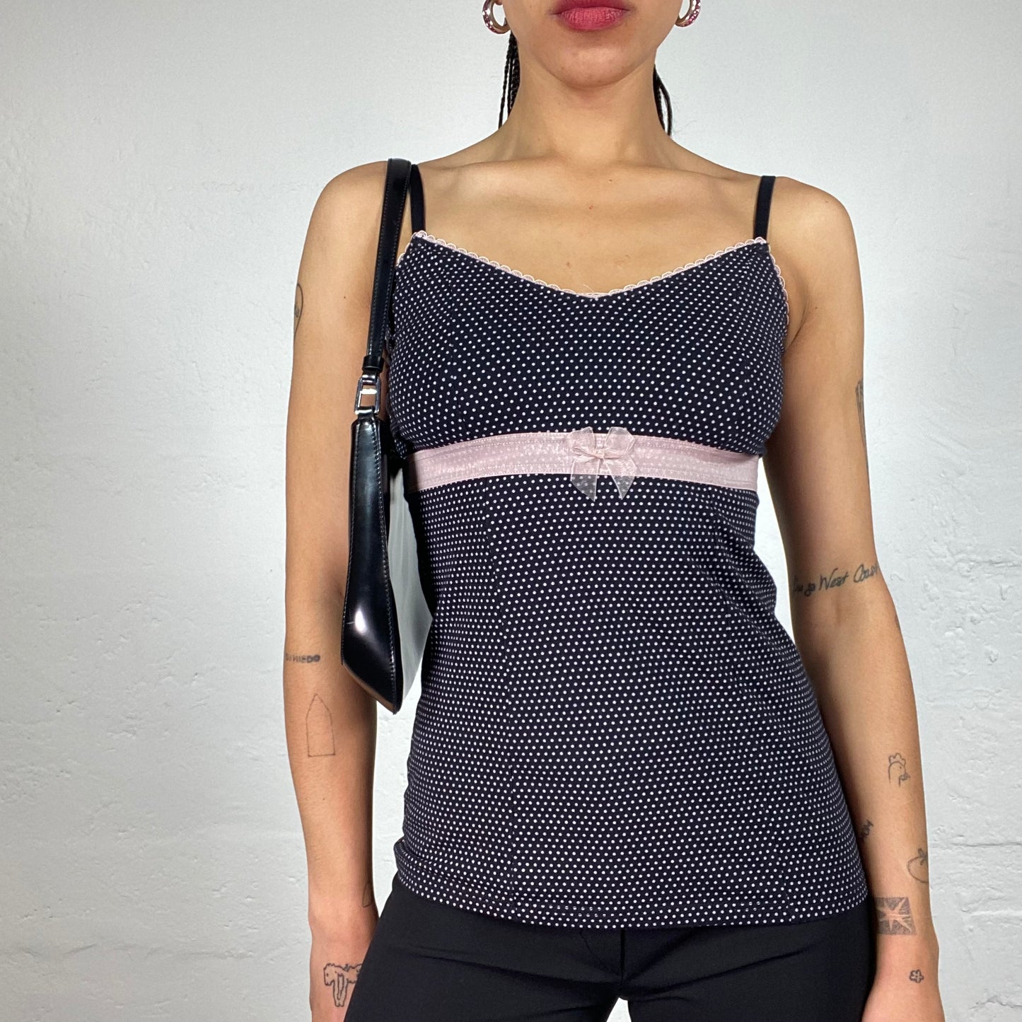 Vintage 2000's Soft Girl Dark Warm Grey Polka Dot Camisole with Baby Pink Details (S)