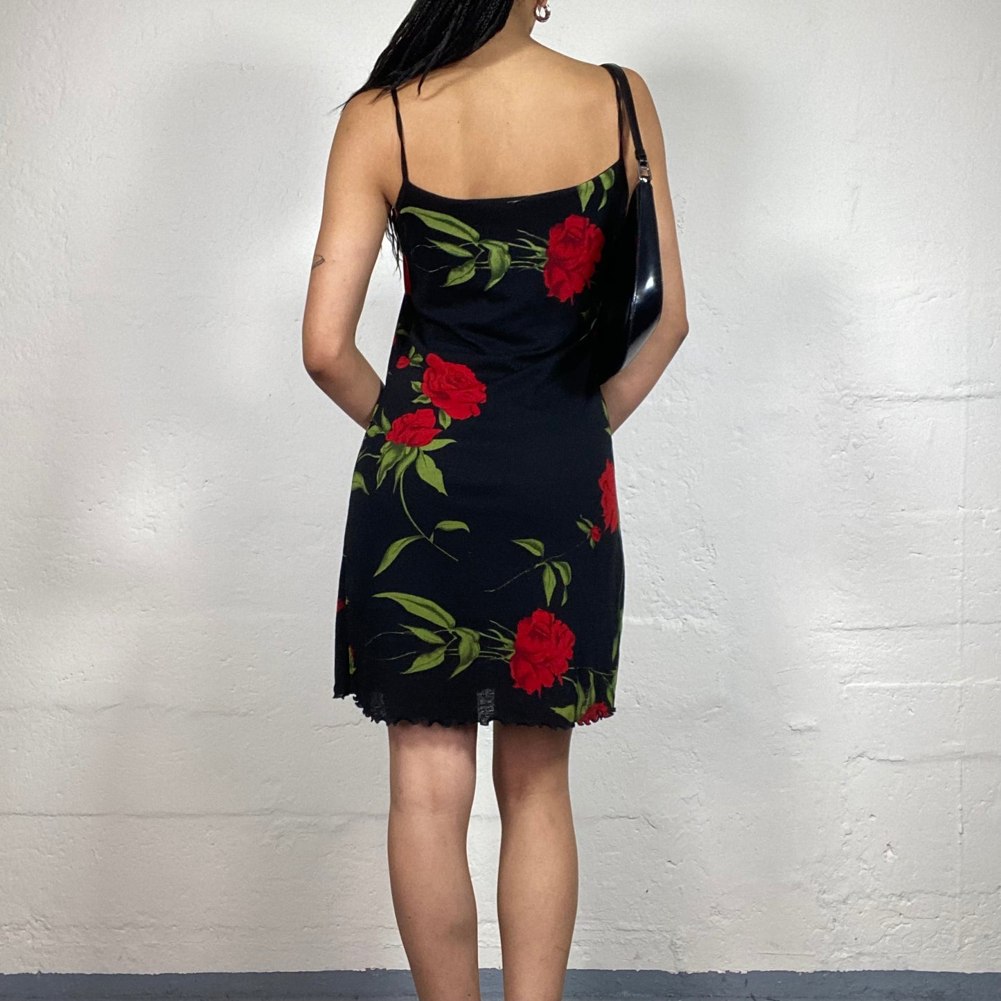 Vintage 2000's Romantic Black Camisole Dress with Red Roses Print (S)