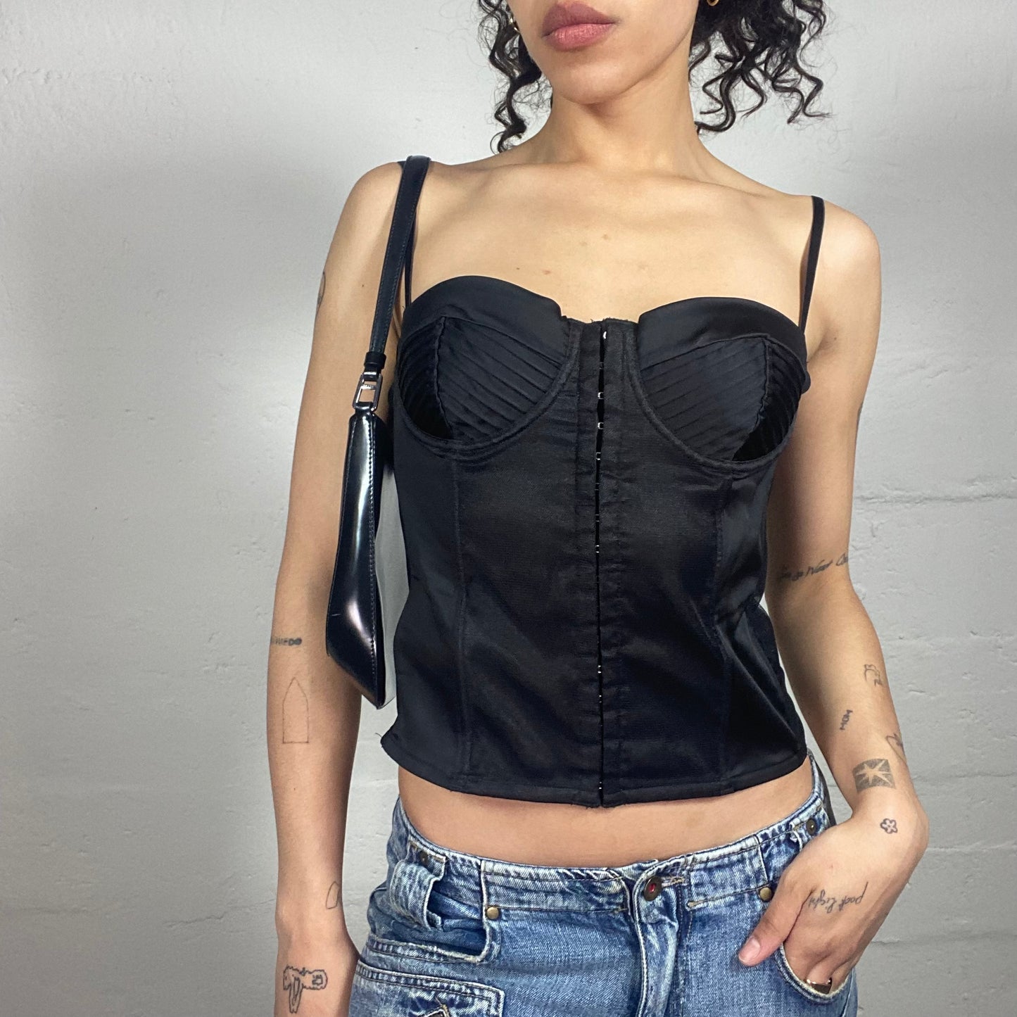 Vintage 2000's Coquette Black Satin Corset with Front Closing (L)