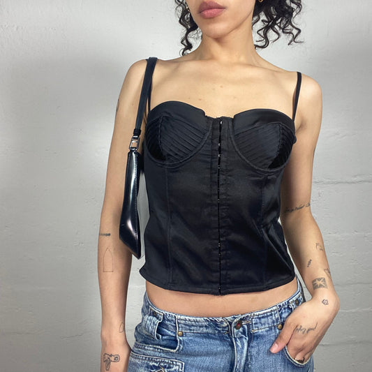 Vintage 2000's Coquette Black Satin Corset with Front Closing (L)