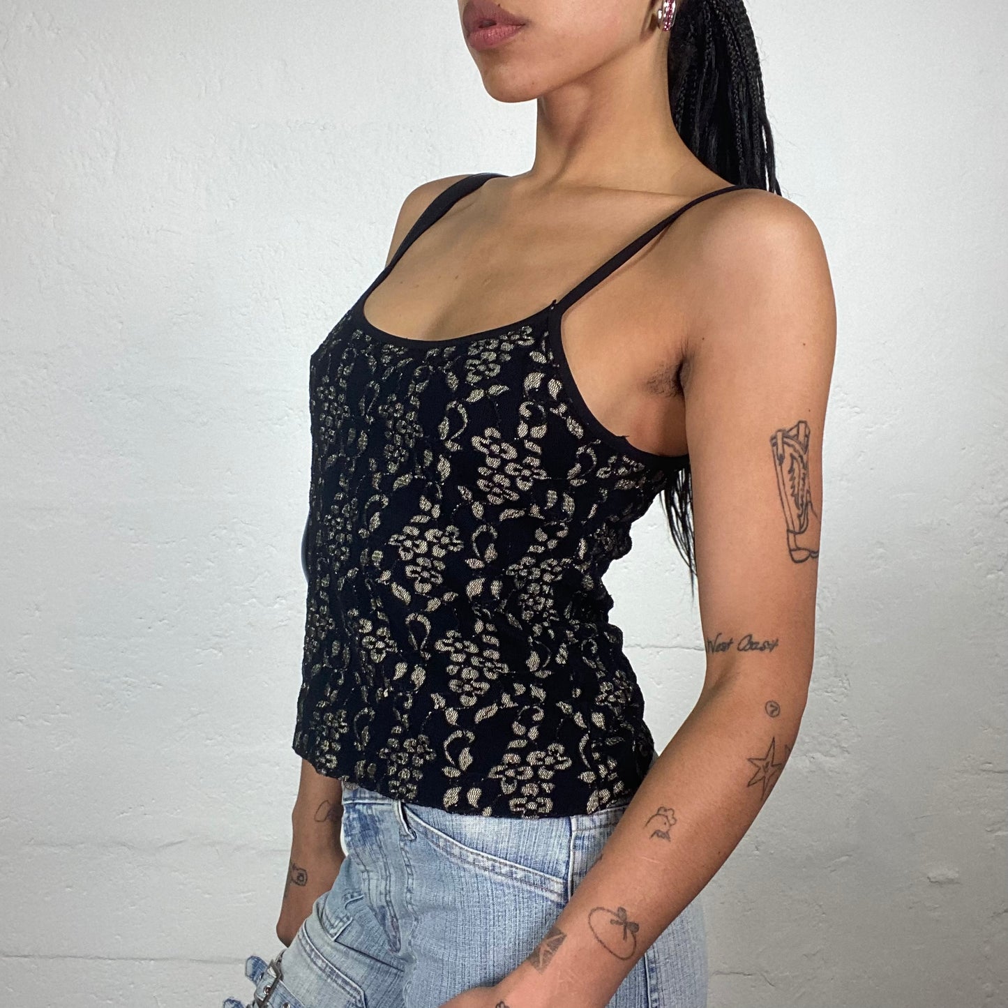 Vintage 2000’s Baroque Black Classy Cami Top with Beige Lace Effect Floral Embroidery (S)