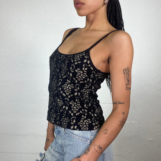 Vintage 2000’s Baroque Black Classy Cami Top with Beige Lace Effect Floral Embroidery (S)