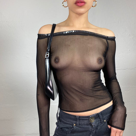 Vintage 2000's Grungy Black Mesh See-Through Off Shoulder Longsleeve Top (S)