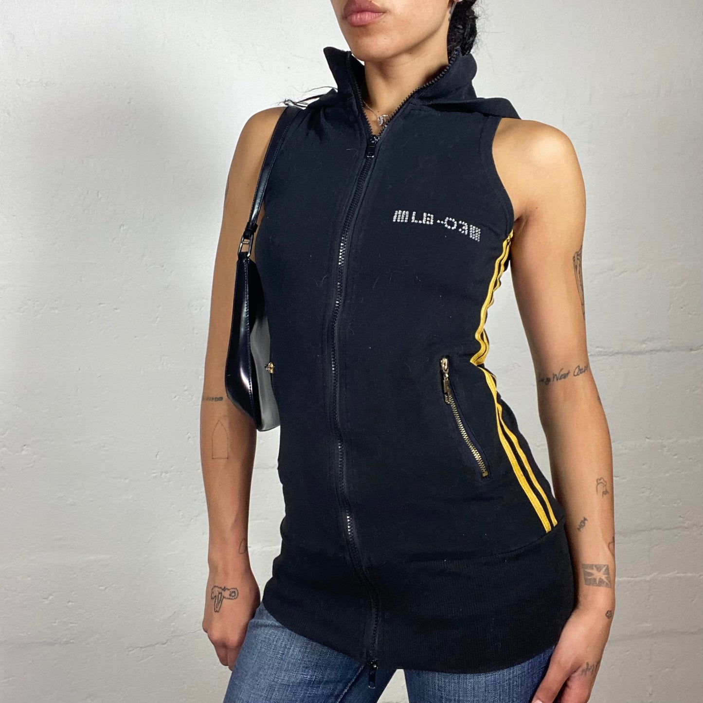 Vintage 2000's Sporty Black Sleeveless Sip Up Hooded Top with Side Yellow Stripes and Rhinestone Embroidery (M)