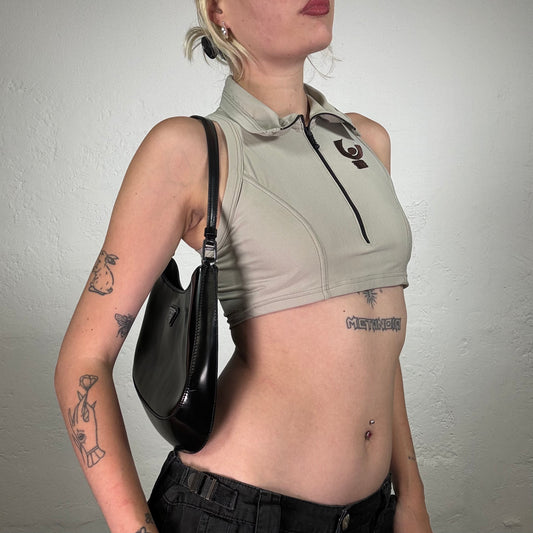 Vintage 2000's Surfer Girl Beige High Neck Crop With Quarter Zip Detail (S)