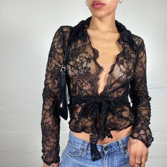 Vintage 2000's Romantic Lace Material See Through Longsleeve Waist Binding Top (S)