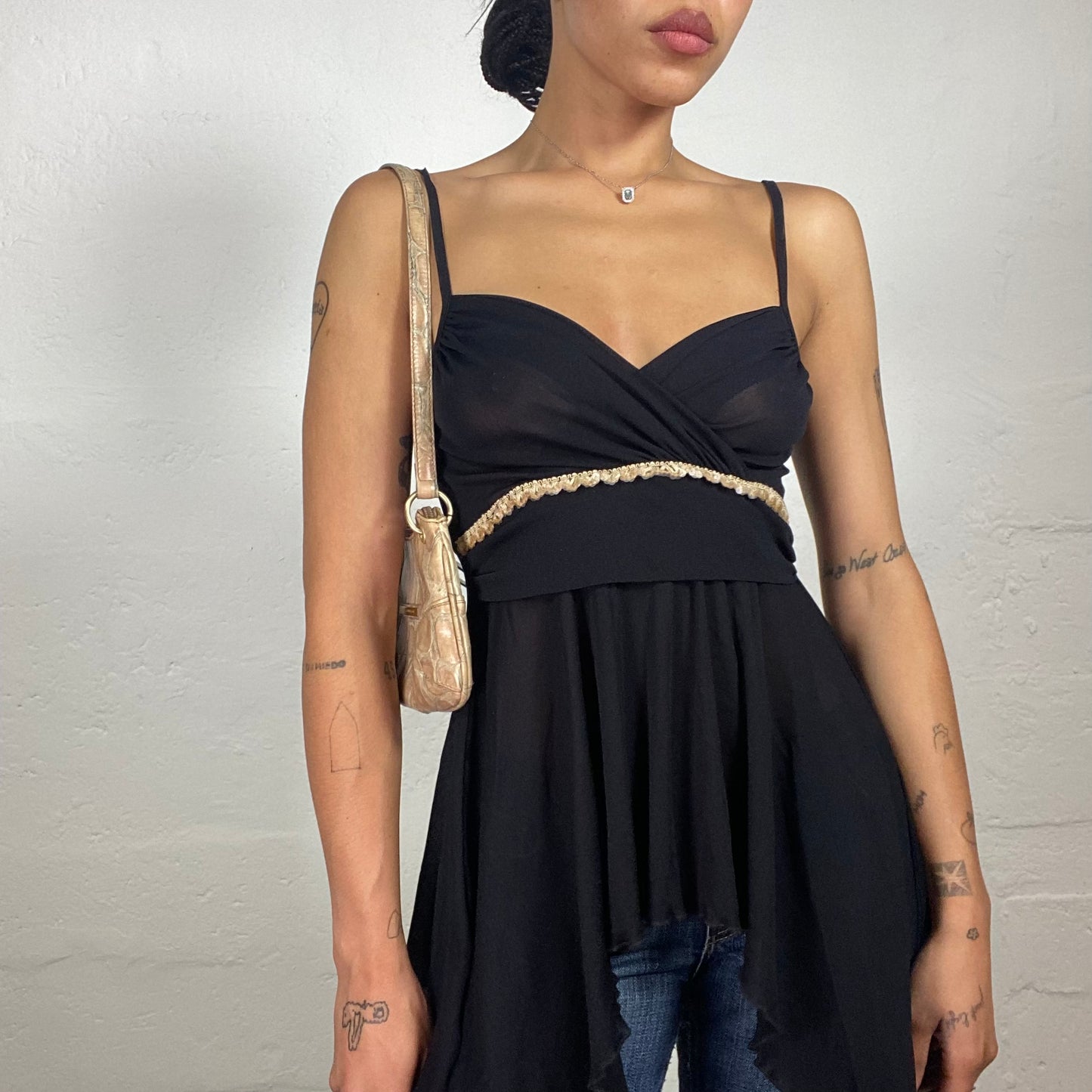 Vintage 2000's Night Out Black Draped Asymmetric Trim Cami Top with Beige Lace Band Detail (S)