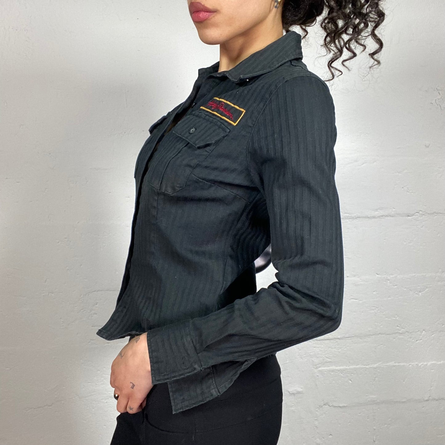 Vintage 2000's Harley Davidson Biker Girl Button Up Shirt with Back Logo Print (S)