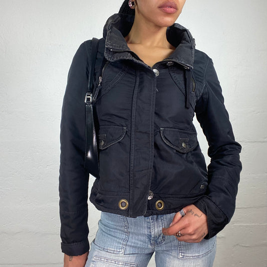 Vintage 2000’s Miss Sixty Downtown Girl Black Hooded Puffer Jacket with Zipper Details (M)