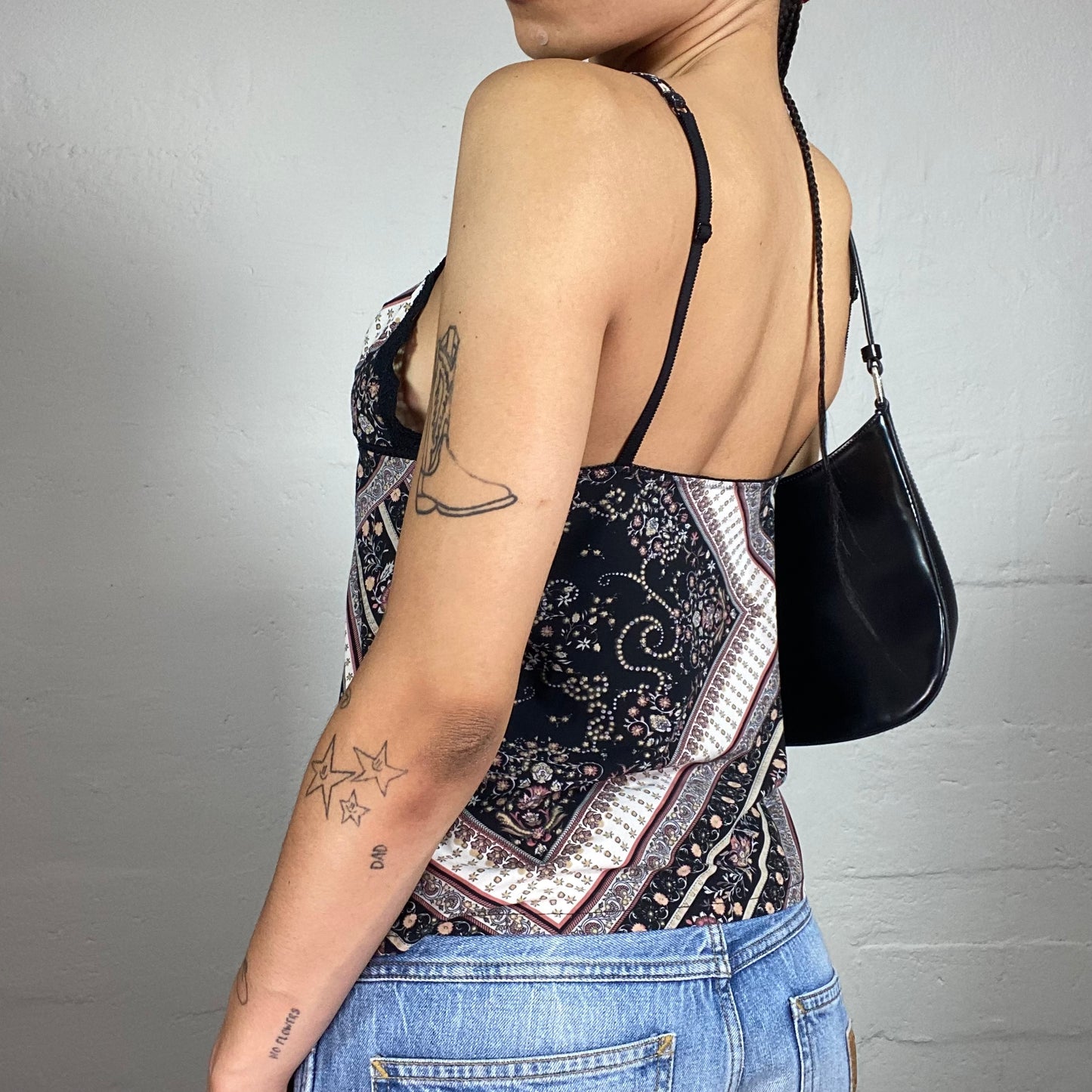 Vintage 2000's Boho Girl Brown and Black Cami Printed Top with Lace Bra Trim (M)