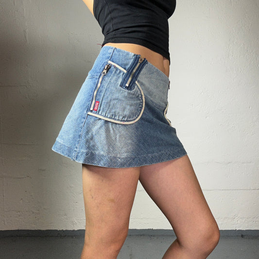 Vintage 2000's Downtown Girl Wash Out Acid Blue Rounded Pockets Mini Denim Skirt (S)