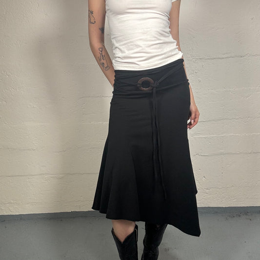 Vintage 2000's Boho Girl Black Asymmetric Midi Skirt with Wooden Ring Detail (XS)