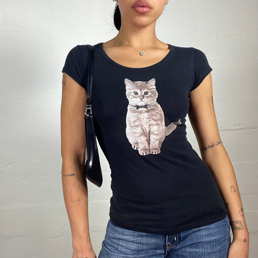 Vintage 2000's Cute Black Slim Fit Micro Sleeves T-Shirt with Cat Picture Print (S)