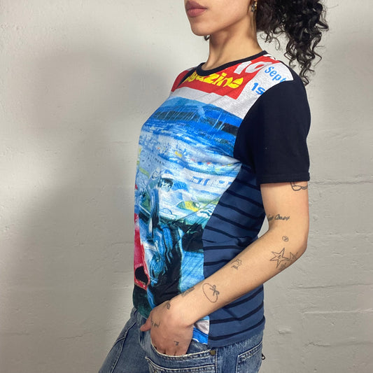 Vintage 2000's Sporty Multicoloured Car Printed Black T-Shirt (M)