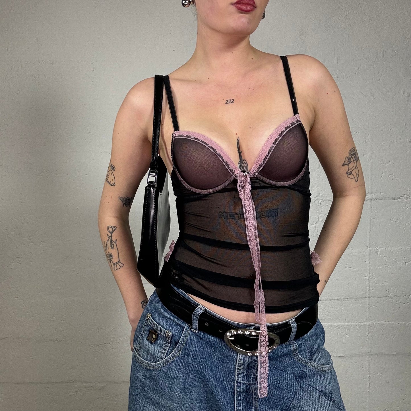 Vintage 2000's Soft Girl Black Corset Top with Pink Lacing Detail (S)