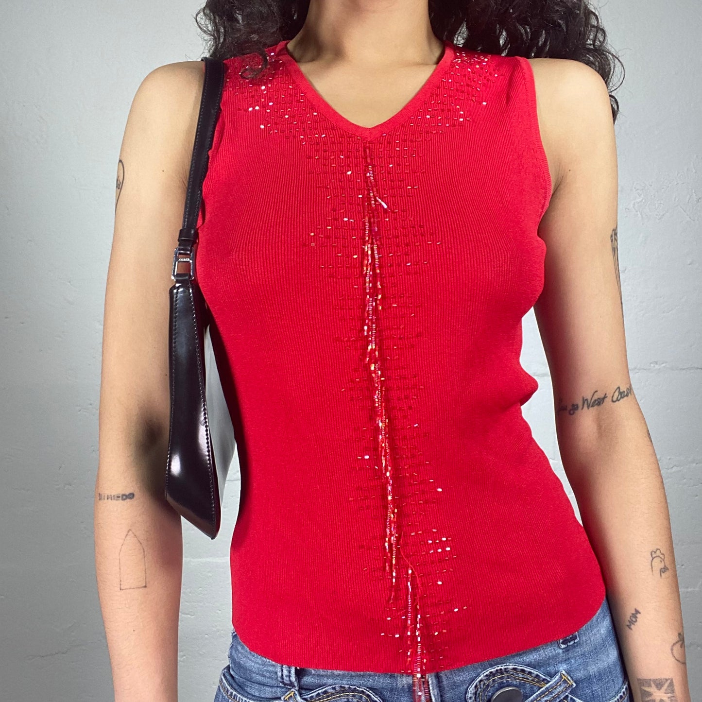 Vintage 2000's Clubwear Blood Red Jersey Tank Top with Sequins Embroidery (S)