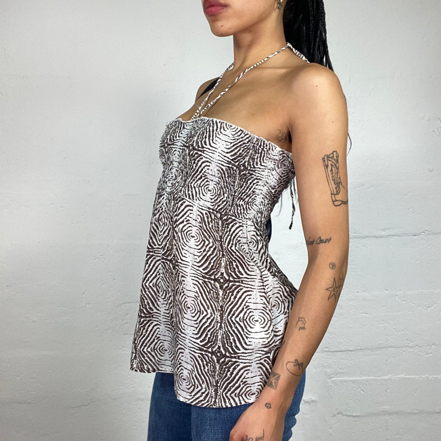 Vintage 2000's Boho Girl Tube Cut White and Brown Printed Doll Neckholder Top (S)
