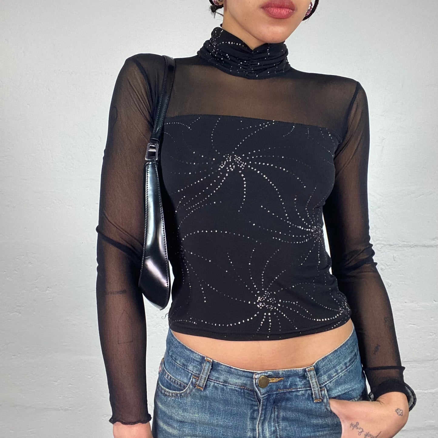 Vintage 2000's Clubwear Black Turtleneck See Through Mesh Parts Longsleeve Top with Silver Stars Print (S)