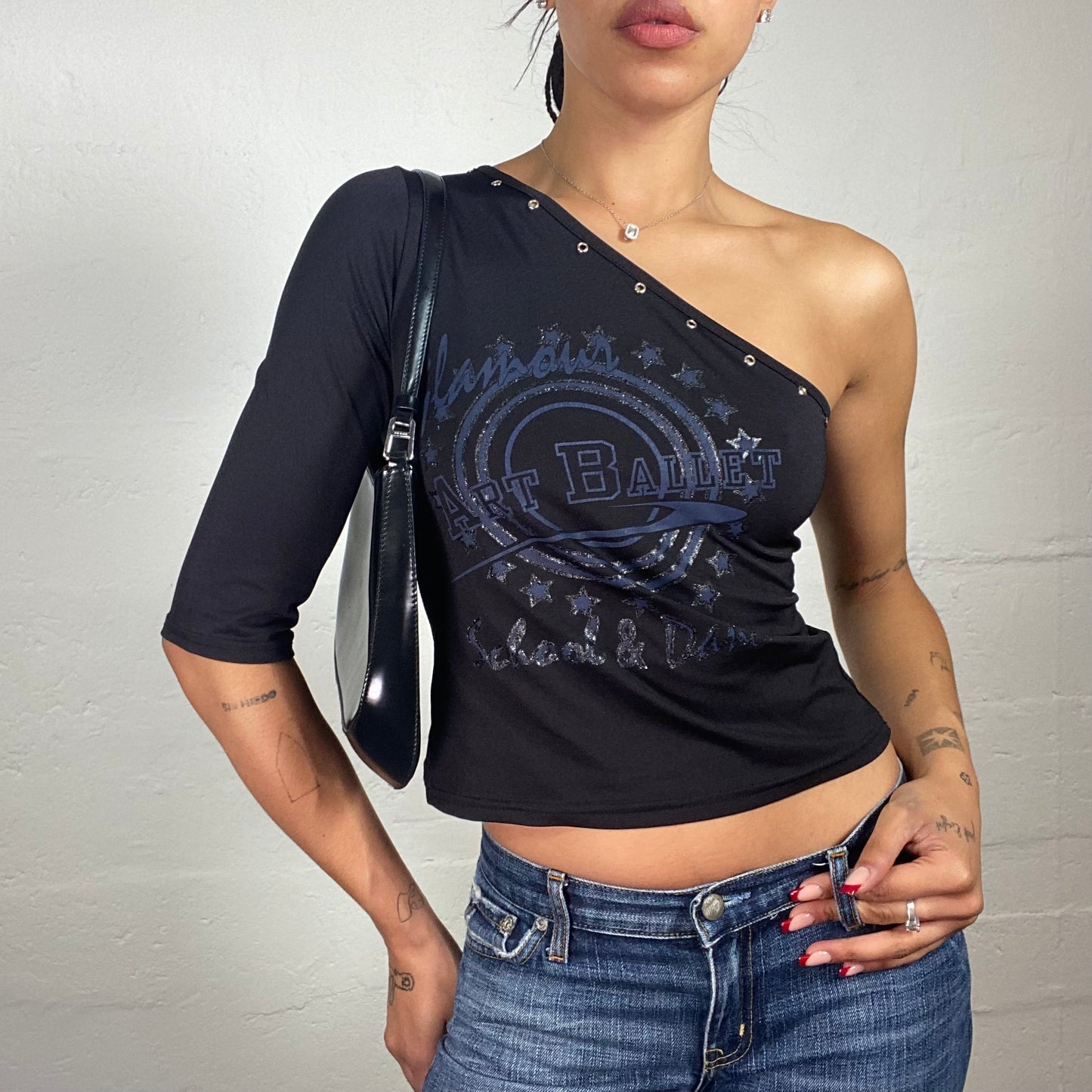 Vintage 2000's Clubwear Black Asymmetric One Shoulder Top with Shiny Blue Art Ballet Print (S)