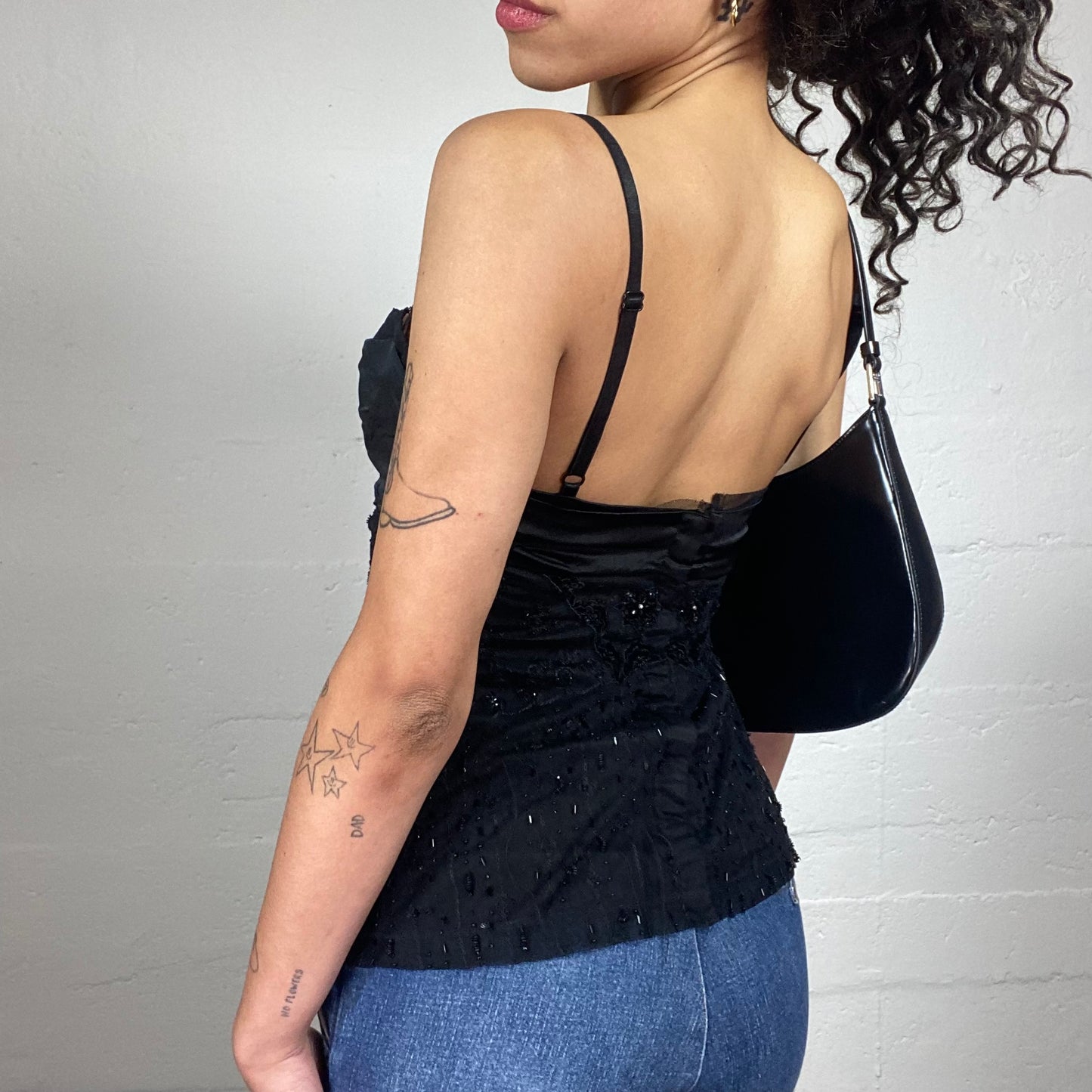 Vintage 2000's Pinko Night Out Black Classy Sequins Decorated Cami Top with Silky Bra Ribbon Detail (M)
