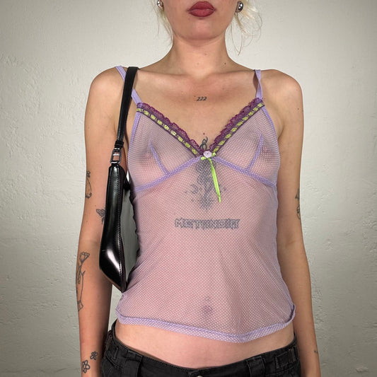 Vintage 2000's Soft Girl Light Lavender See-Through Mesh Cami Top with Green Stripe Decoration (S)