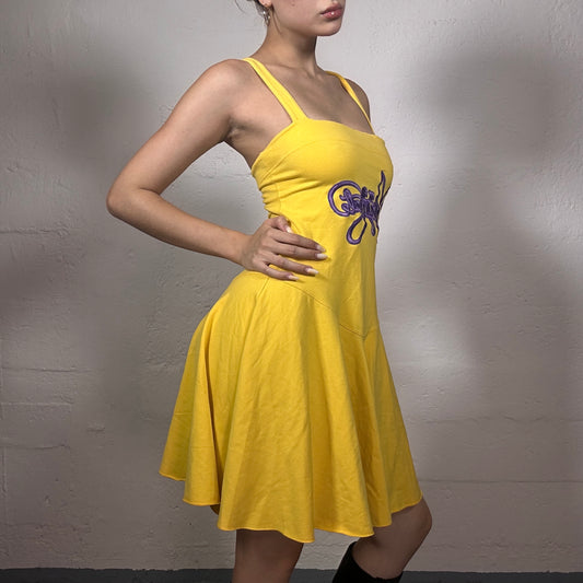 Vintage 2000's Playmate Cheerleader Style Yellow Dress with Purple Logo Print (S)