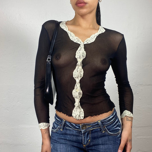 Vintage 2000's Soft Girl Black Mesh Longsleeve Top with White Lace Embroidery (M/L)