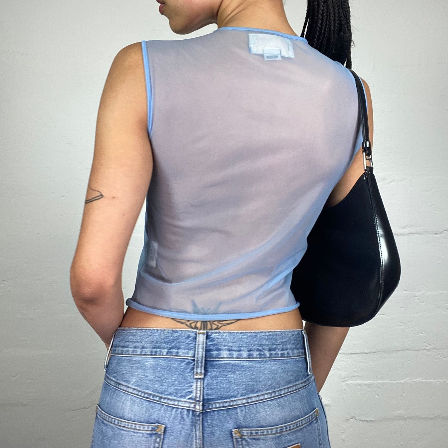 Vintage 2000's Downtown Girl Miss Sixty Mesh See Through Blue Tank Top with Butterflies Embroidery (S)