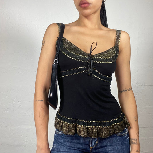 Vintage 2000's Grunge Girl Black Cami Top with Gold Shimmery Cut Ins and Lace Up Detail (S/M)