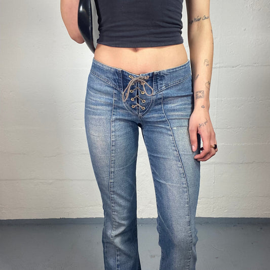 Vintage 2000's Cowgirl Style Classic Blue Denim Low Waisted Flare Jeans with Laced Up Closing (S)
